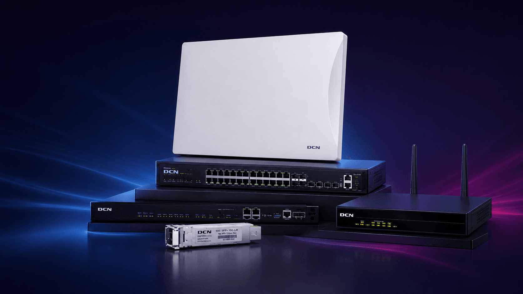 Infraestructura Networking DCN con access point, switches, gateway y módulo SFP