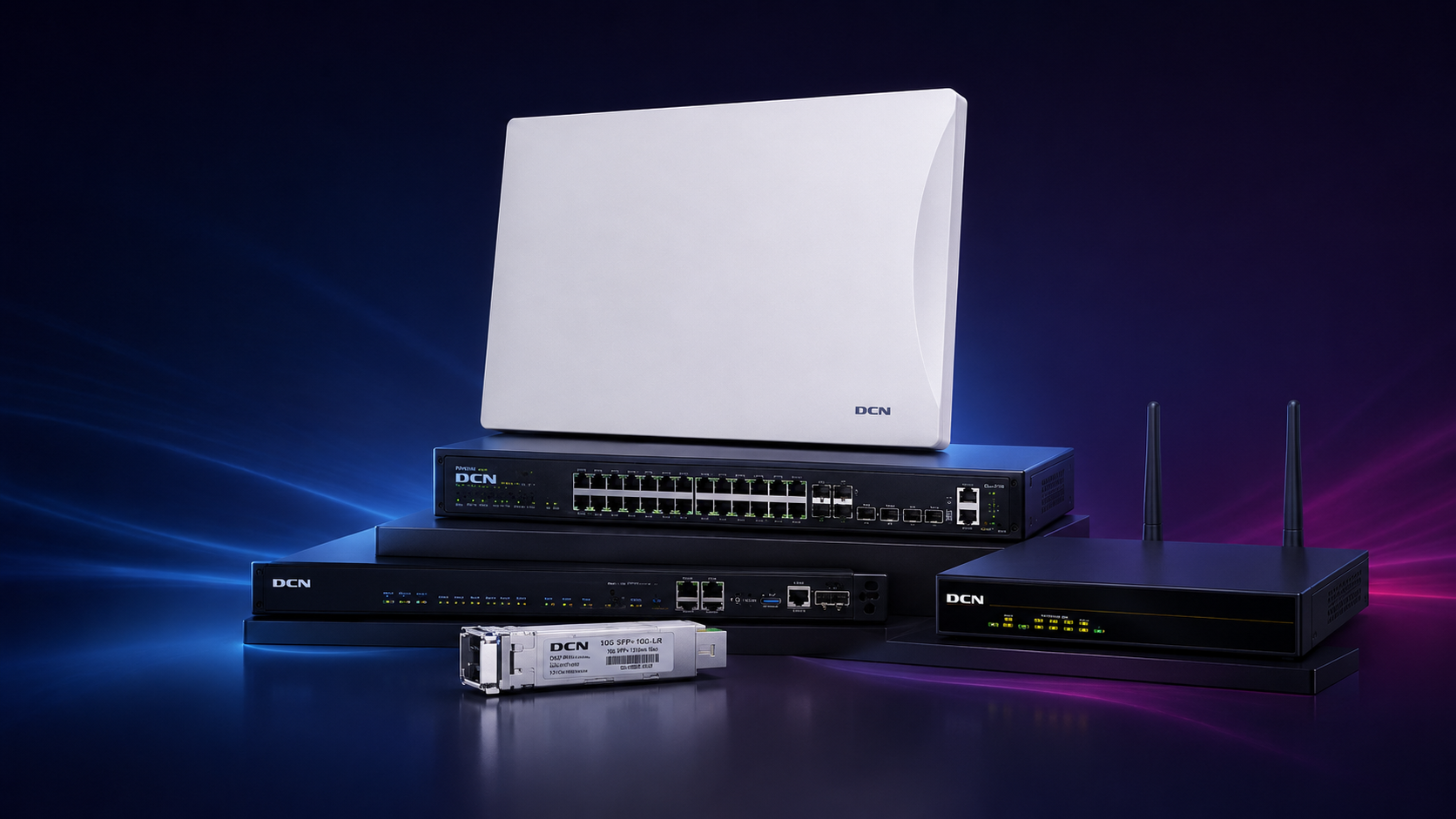 Infraestructura Networking DCN con access point, switches, gateway y módulo SFP